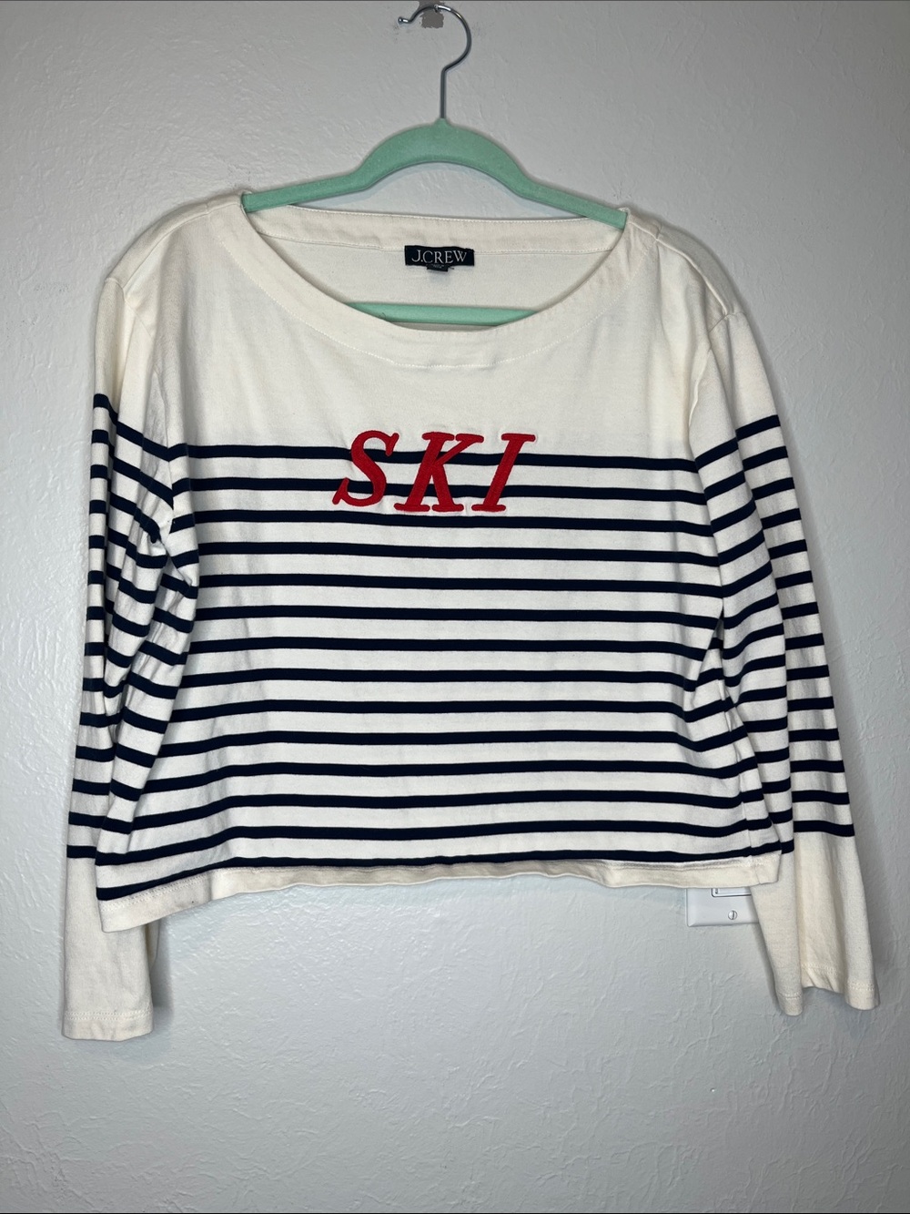 J. Crew Mariner Cloth Embroidered Ski Stripe Tee - Size M Preppy Winter Cropped
